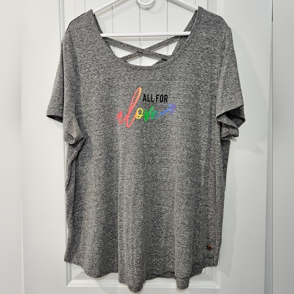 Livi Active Tops - Livi Active Plus 18/20 Gray Tee with Cross Back and Colorful Print ALL FOR LOVE